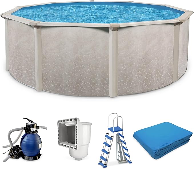 Aquarian Above Ground Pool Kit w/ Sand Filter & Pump, Phoenix Steel-Frame, 18', Gray - Large Heavy-Duty Outdoor Family Swimming Pool for Backyard, Patio, and Yard