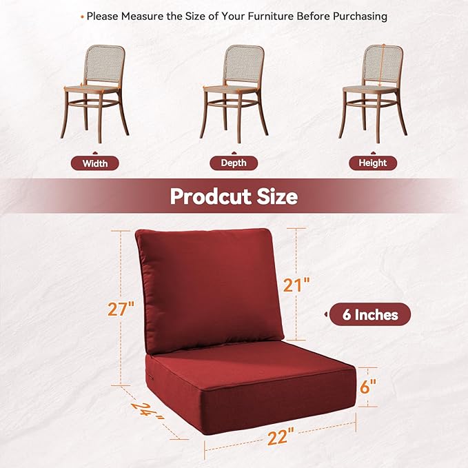 6" Thick Outdoor Cushions 22x24x6, 6-Set Deep Seat Patio Cushions with Removable Cover, Waterproof & Fade Resistant Replacement for Wicker Chair, Loveseat, Sofa - Red