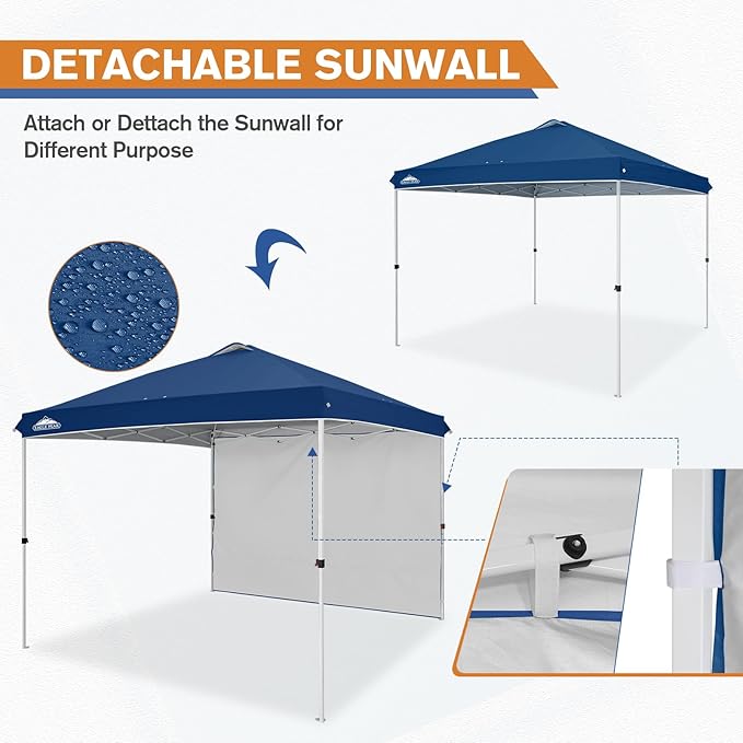 EAGLE PEAK Pop Up Canopy Tent with 1 Sidewall, Easy Setup Event Tent, Outdoor Sun Shade, Wheeled Carry Bag, Stakes and Guy Ropes, Instant Canopy 10x10, Dark Blue
