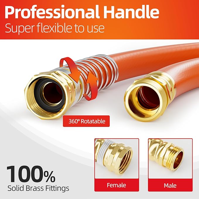 SPECILITE Garden Water Hose 75 ft x 3/4 in Heavy Duty, Flexible and Lightweight, Burst 600 psi, Kink-less Hybrid Rubber Pipe for Backyard, 3/4'' Brass Fittings, Orange
