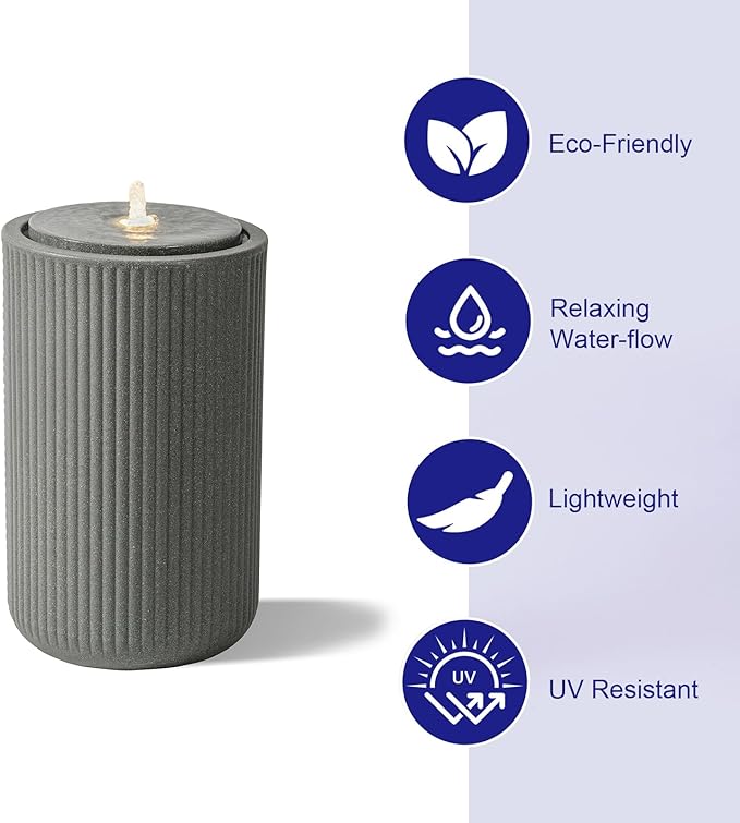 Puulye 23.22" H Outdoor Water Fountain Made with Eco-Friendly Recyclable Materials, Polyethylene Tall Round Bubbler Outdoor Fountain, Garden Decor with LED Light & Pump for Patio, Porch, Backyard