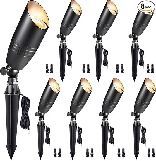 Gardenreet Spot Light Brass - Outdoor Landscape Spotlights LED, 12V Low Voltage Landscaping Uplights, Hard-Wired All Weather Black for Backyard Lawn with No Bulbs (8 Pack)