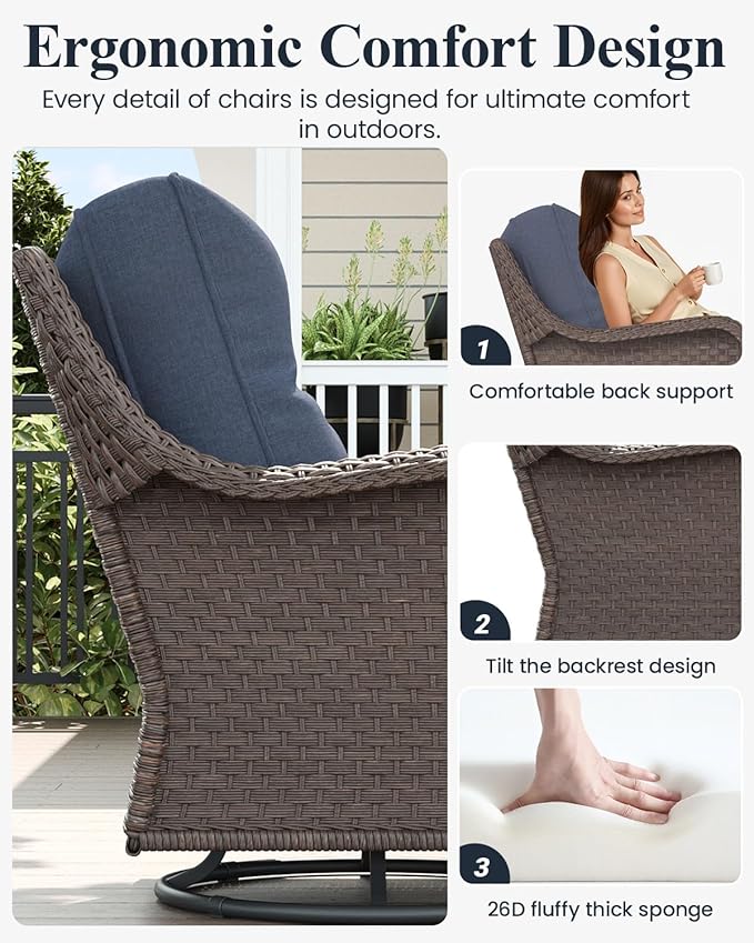 LayinSun 8 Piece Wicker Outdoor Furniture Set with 6-inch Comfy Cushions, High Back Patio Furniture Set with Swivel Rocking Chairs and Fire Pit Table