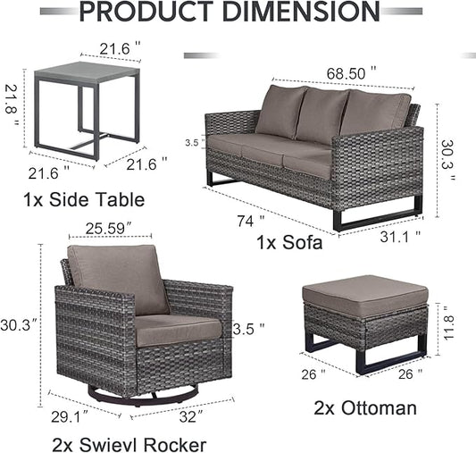 6 Piece Wicker Patio Furniture Set - Outdoor Swivel Rocker Chairs Set with Side Table, 3 Seat Sofa and Ottomans, Small Patio Conversation Sets Proch Furniture for Balcony Deck - Grey/Grey