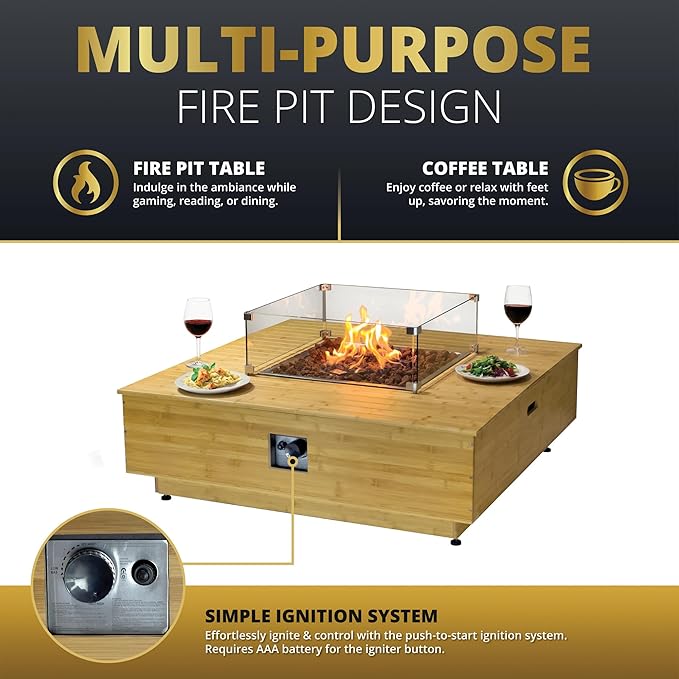 Kinger Home Harmony 43-Inch Large Square Outdoor Propane Gas Fire Pit Table, 50,000 BTUs, CSA Certified Includes Side Table, Lava Rock and Weatherproof Cover