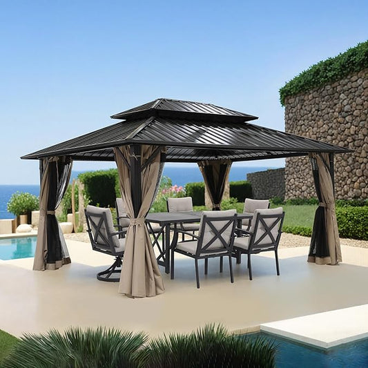 SEEHILL 10' x 12' Hardtop Gazebo, Aluminum Frame Outdoor Patio Gazebo with Netting and Curtains, Outdoor Hardtop Gazebos, Patio Pergolas with Double Metal Roofs for Backyard, Patio, Deck, Sandstone