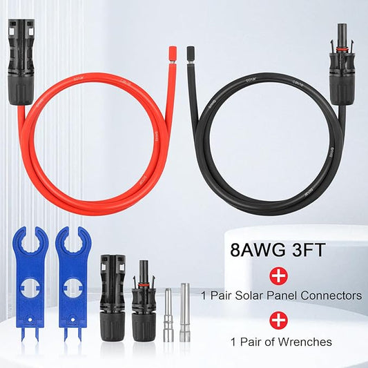 8AWG Solar Extension Panel Cable - 3FT PV Wire with Waterproof Female and Male Connector and Adaptor Kit Tool PV Wire for RV, Home, Boat, Solar Panels(3feet Red + 3feet Black)