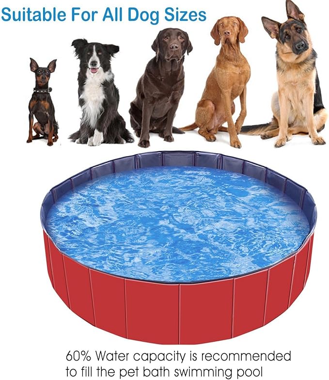 Foldable Pet Swimming Pool - Large 63" PVC Kiddie Dog Pool Bathing Tub for Dogs Cats Kids Portable Summer Outdoor Water Playmat Non-Slip Bottom Easy Drain (Red)