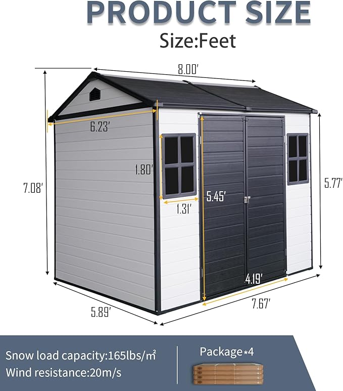 8x6 ft Outdoor Resin Storage Shed with Floor, Waterproof Plastic Garden Shed with Lockable Door and Two Windows, All-Weather Tool Sheds for Backyard, Patio, Lawn (Grey & White)