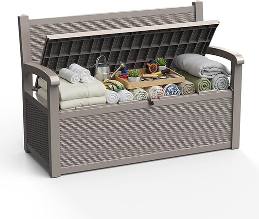 ROJIK 80 Gallon Resin Storage Bench Deck Box Outdoor with Armrests,Storage Furniture Waterproof Lockable for Porch Patio and Garden,Sturdy and Durable, Grey