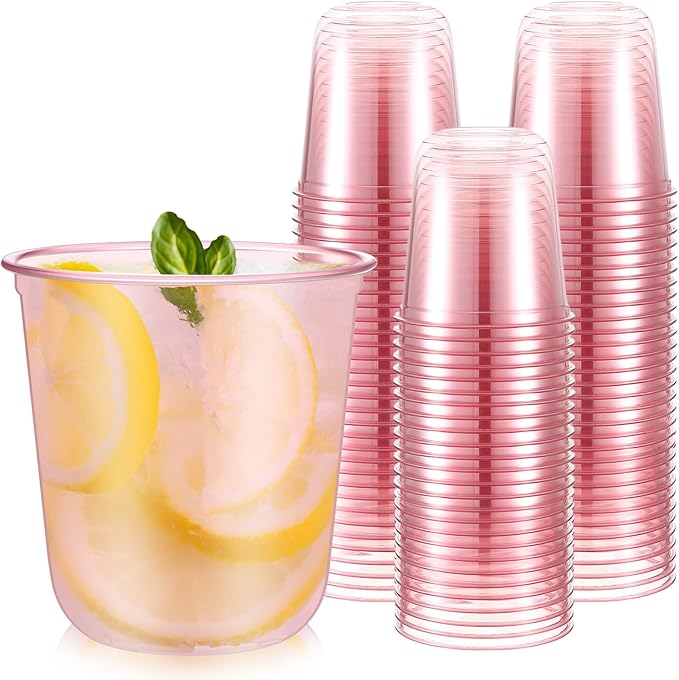 50 Pcs Disposable Stemless Glasses 12oz Crystal Plastic Wine Glasses Clear Classic Pet Cup for Meeting Weddings Birthdays Cocktail Christmas Party Supplies (Pink)