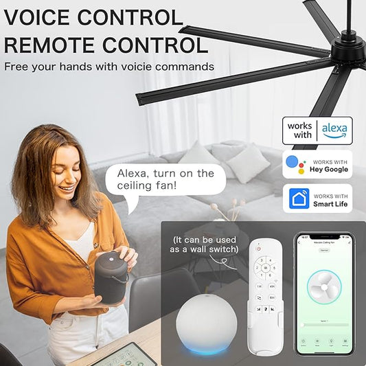96" Industrial & Commercial HVLS 7 Black Aluminum Blades Ceiling Fan with Light,Works with Alexa,High CFM Brushless Motor,6-Speed,Indoor Outdoor Ceiling Fan for Patio,Garage,Shop,Library