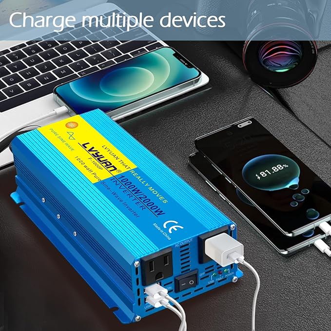 LVYUAN 1000 Watt Pure Sine Wave Power Inverter 12V DC to 110V/120V AC Converter with 2 sockets and USB Port for Car Truck Family Solar System,RV, Truck,Road Trip & Emergency
