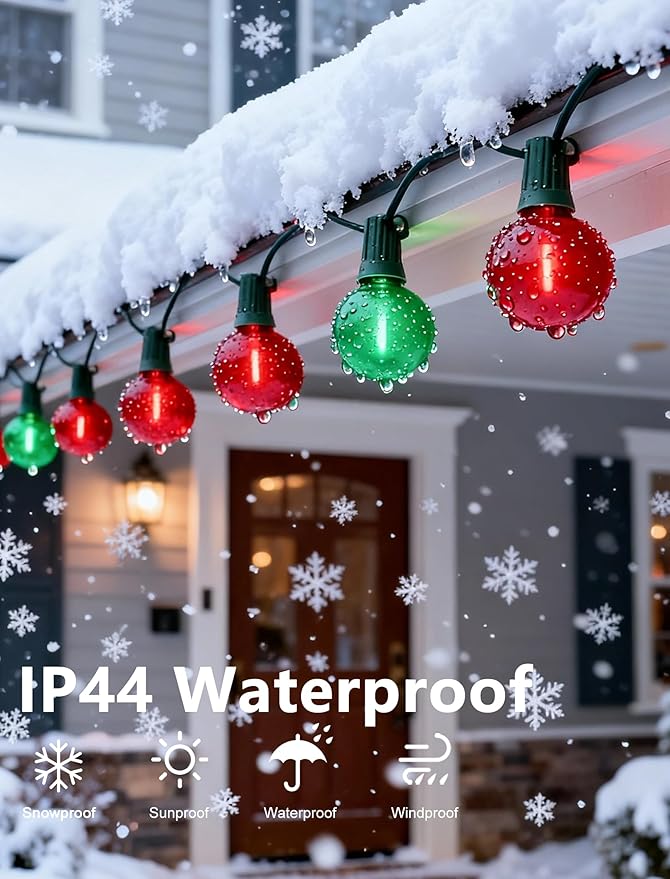 Pallerina 50Ft Clear Red and Green Outdoor LED Lights,G40 Globe Patio Christmas String Lights with 25 Colorful Bulbs(2 Spare),Outside Christmas Hanging Lights for Christmas Tree Roofline Holiday Party