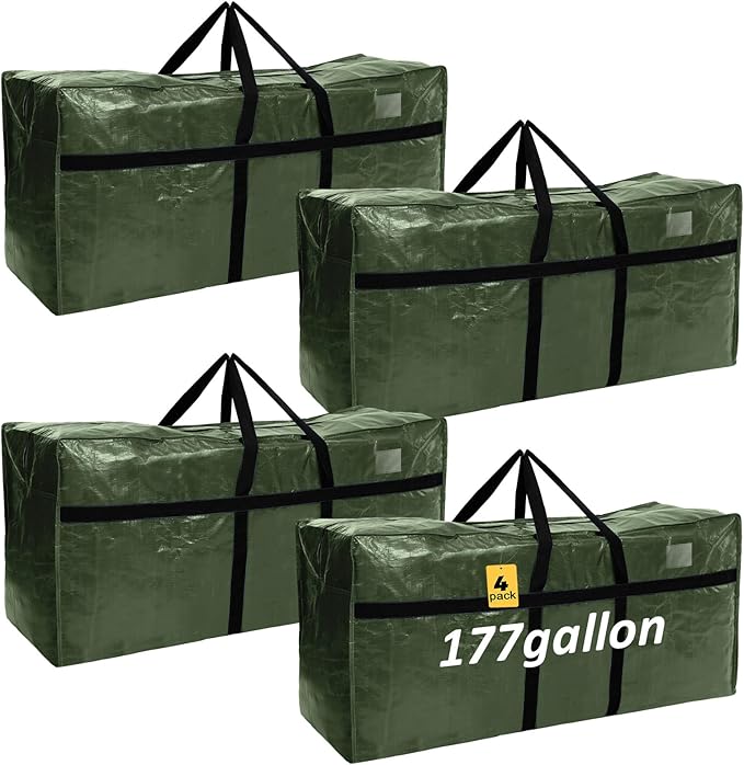 Windyun 4 Pack 177 Gallon Extra Large Storage Bags XXL Moving Bags with Zipper Handle Heavy Duty Jumbo Big Tote Box for Christmas Tree Storage 4, 5, 7.5, 9, 10, 12 ft Skeleton College Dorm(Army Green)