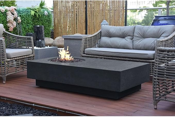 Elementi Metropolis Gas Fire Pit Cast Concrete Fire Table, Outdoor Fire Pit Electronic Ignition | Canvas Cover, Lava Rock Included | Free AMS Wind Guard | Dark Gray (Natural Gas)