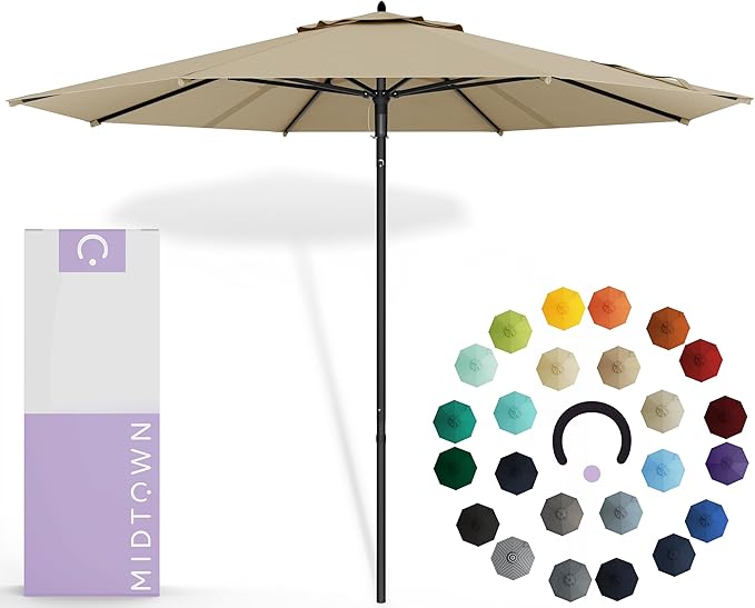 Midtown Umbrellas Push Pop Sunbrella Umbrella 10 Feet Large Outdoor Umbrella With Heather Tan Fabric - Deck Patio Umbrella, Backyard Umbrella, Garden Umbrella & Pool Umbrella - Black Pole