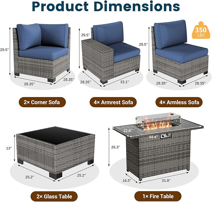 13 Piece Patio Furniture Set with Fire Pit Table, Outdoor Conversation Sets Grey Wicker Rattan Sectional Sofa, 4'' Thickened Cushion Navy Blue (Include Waterproof Cover)