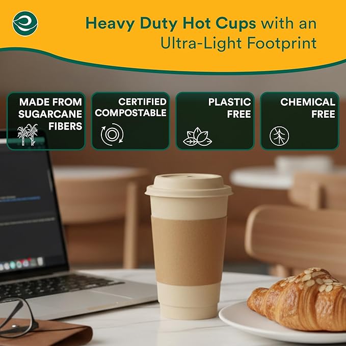 ECO SOUL 100% Compostable Coffee Cups With Lids & Sleeves - To Go Coffee Disposable Bagasse Cups |Sturdy & Eco-Friendly Cups for Cafes, Party, Office (200, 12 Oz)
