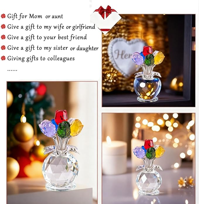 Crystal Colorful Roses Collectible Figurine,Valentines Gifts for Women Mom Girlfriend Wife Bouquet Figurines Artificial Glass Crysta Flowers, Mother's Day Birthday