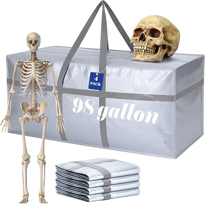 Windyun 4 Pack 98 Gallon Extra Large Storage Bags XXL Moving Bags with Zipper Handles Heavy Duty Jumbo Big Tote Box for Christmas Tree Storage 4, 5, 7.5, 9, 10, 12 ft Skeleton College Dorm(Silver)