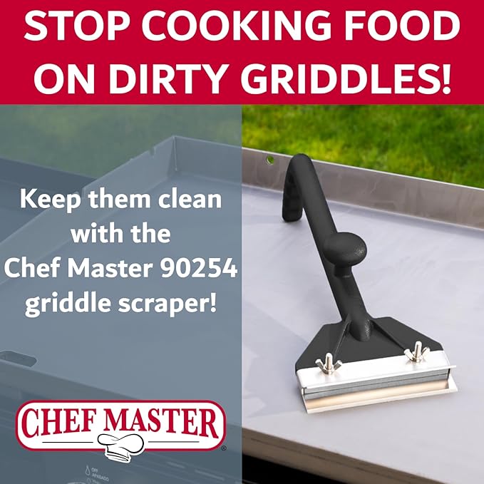 Chef Master Griddle Scraper Cleaning Kit Combo - Flat Top Grill Cleaner w/Replacement Blade & Scrubber - Griddle Cleaning Kit - Long Handle, Stainless Steel Flat Grill Scraper - 90254