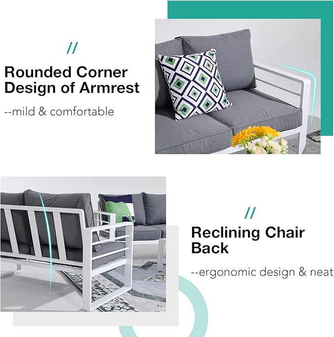 Patiorama Aluminum Patio Furniture Set, 2 PCS Outdoor Armchairs Single Sofa Couch, All Weather White Metal Chair with Olefin Cushion, Deep Seating, 300 lbs Capacity, Deck, Garden-Grey Cushion