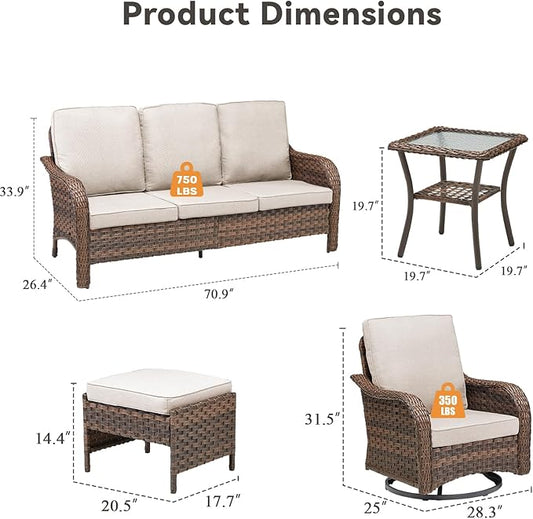 Patio Furniture Set-14 Pieces All-Weather Outdoor Fueniture Set with High Back Outdoor Swivel Rocking Chairs Patio Conversation Sets for Garden Porch Deck Brown/Beige