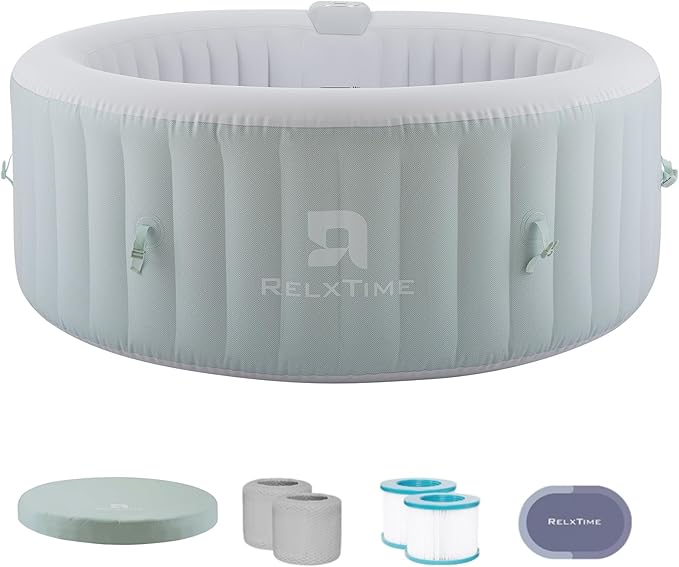 Inflatable Hot Tub Spa 2-4 Person 110 Air Jets, Portable Blow Up Hottub with Cover, Built in Heater Pump, Round Outdoor Spa, Cup Holder, 2 Filters, Green
