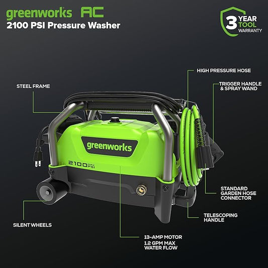 Greenworks 2100 PSI (SGS Certified) 1.2 GPM 13Amp Compact Electric Pressure Washer Telescoping Handle Power Washer for Cars, Driveways, Patios, Patio Furniture & Around Pools
