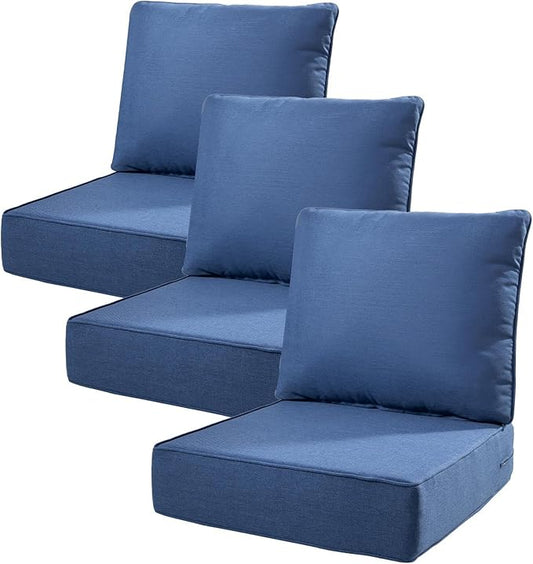 6" Thick Outdoor Cushions 22x24x6, 3-Set Deep Seat Patio Cushions with Removable Cover, Waterproof & Fade Resistant Replacement for Wicker Chair, Loveseat, Sofa - Blue