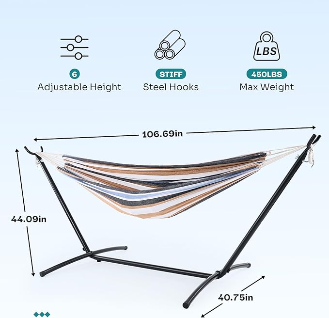 NEWBULIG Double Hammock with Stand, Heavy Duty Portable Hammocks for Outdoor Indoor Patio Camping, Space Saving Design & Carry Bag, Easy Assembly, 450lb Weight Capacity, Coffee