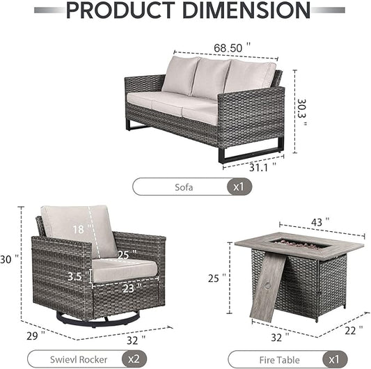 4 Piece Wicker Patio Furniture with Fire Pit Table - Outdoor Conversation Set with 50,000 BTU Fire Pit, All Weather Rattan Patio Set for Deck Backyard Garden - Grey Wicker Beige Cushion
