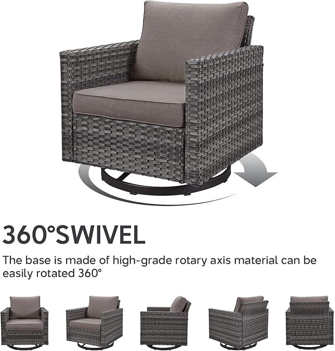 Outdoor Swivel Rocker Chairs Set of 4 with Fire Pit Table - 5 Peice Wicker Patio Furniture Set Conversation Set with 50,000 BTU Fire Pit for Deck Backyard - Grey Wicker Grey Cushion