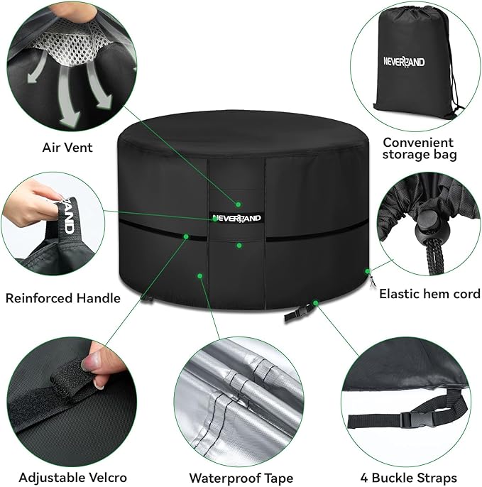 NEVERLAND Fire Pit Cover Round, Waterproof Outdoor Firepit Covers Round for 32-36 Inches 600D Oxford Heavy Duty Patio Gas Fire Pit Covers with 4 Buckle Straps and Air Vents, 36 x 24 Inch Black