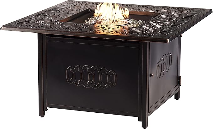 Oakland Living Black Aluminum Patio Fire Table Set with Four Club Chairs with Red Cushions