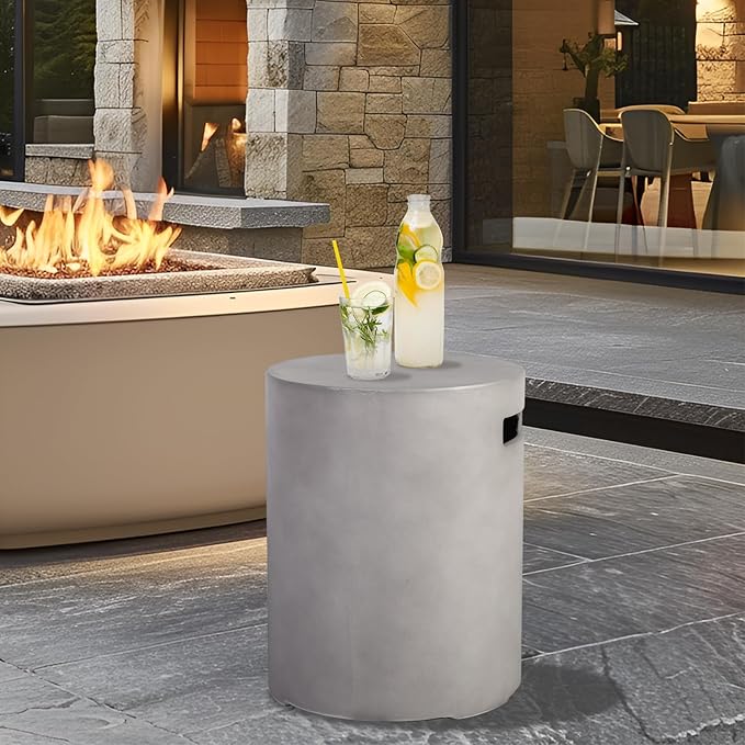 Propane Tank Cover Table, 20 LB Concrete Tank Storage Box, Modern Outdoor Gas Tank Covers Hideaway Table for Propane Fire Pit and Gas, Round Tank Holder with Handles (Gray) φ16 X 20inch