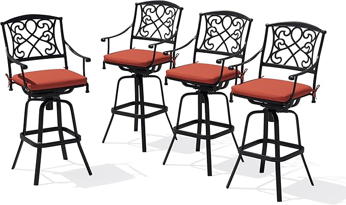 Crestlive Products Outdoor Bar Stools with Sunbrella Cushion Set of 4, 360° Swivel Patio Bar Height Chairs, All Weather Heavy Duty Commercial Grade Furniture, Antique Brown Finish for Outside (Red)