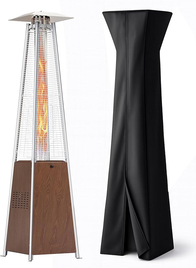 HUGROVE Pyramid Patio Heater, 48,000 BTU Rapid Heating Outdoor Propane With Wheels and Weatherproof Cover, Triple Protection System for Patio, Backyard, Garden, Pool (1 Brown Heater)