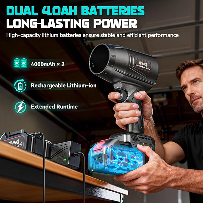 DIYtoolifz 800,000 RPM Cordless Leaf Blower with 2x4.0Ah Batteries, Brushless Motor, Adjustable Speed, Lightweight Portable Electric Blower for Car, Patio, Garden & Indoor Cleaning, 3 Nozzles Included