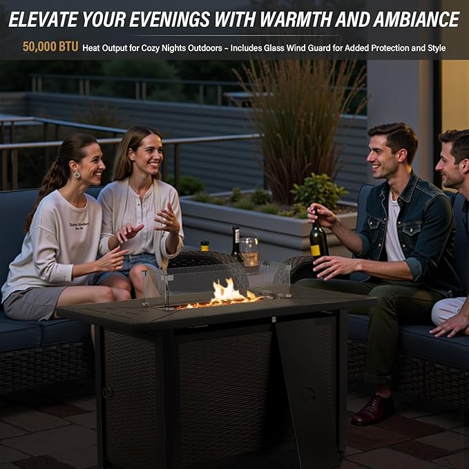 Belord 8 Piece Patio Furniture Set with 50000 BTU Propane Fire Pit Table, Outdoor Conversation Set with 2 Swivel Rocker Chairs Wicker Sofa and Ottomans for Casual Gatherings