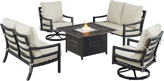 Oakland Living Black Aluminum Patio Fire Table Set with Two Deep Seating Loveseat with Cushions and Two Club Chairs with Light Grey Cushions