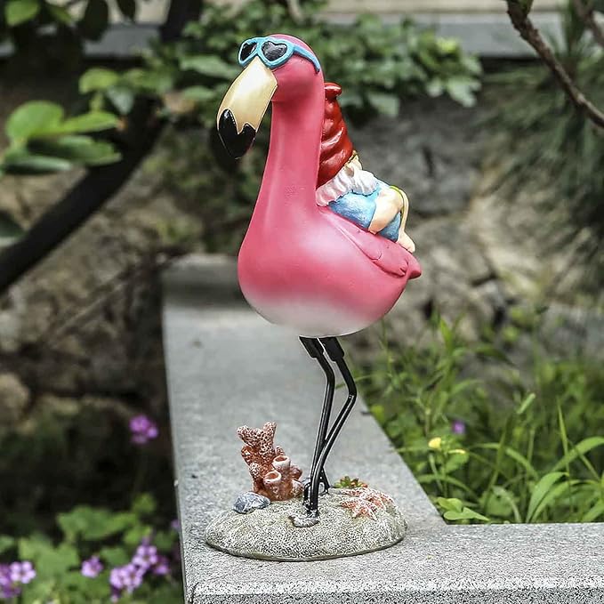 Jy.Cozy Gnome Garden Statue Funny Gnome Reclining on Flamingo Dwarf Figurines Resin Garden Gnomes Fall Decorations Outdoor for Patio Yard Lawn Porch Housewarming Ornament Gift