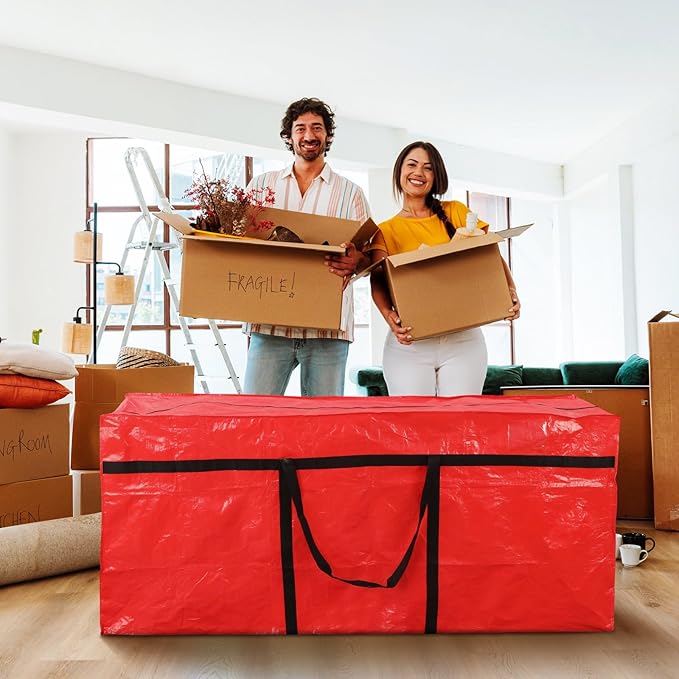 Windyun 4 Pack 177 Gallon Extra Large Storage Bags XXL Moving Bags with Zipper Handles Heavy Duty Jumbo Big Tote Box for Christmas Tree Storage 4, 5, 7.5, 9, 10, 12 ft Skeleton College Dorm(Red)