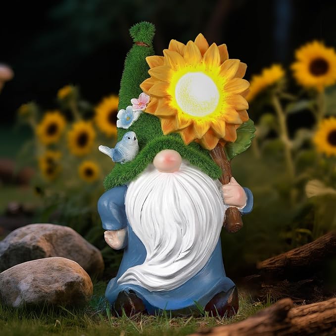 Ayadon Solar Gnome Statue Outdoor Decor,Gnome Figurines with Glowing Sunflower LED Light Decoratons,for Garden Patio Yard Lawn Balcony,Housewarmng Christmas Fairytale Gifts for Women Mom Grandma