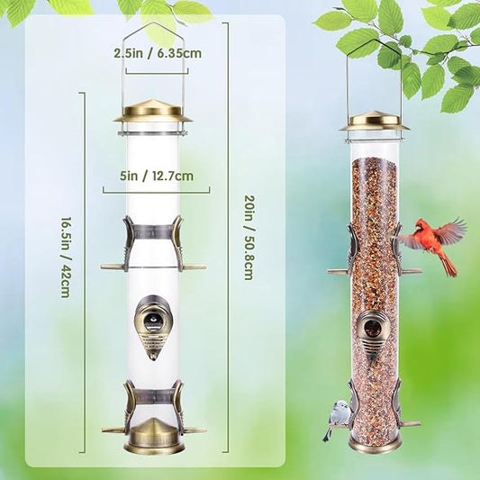 MIXXIDEA Metal Wild Bird Feeder, Squirrel Proof for Outside, Hanging 6 Port Tube Transparent Finch Feeder for Attracting Birds in Lawn, Garden, Balcony - Bronze