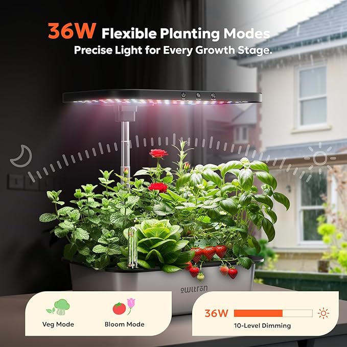 owltron Smart Hydroponics Growing System Kit,15 Pods Indoor Herb Garden with 36W LED Grow Light & APP Control, Planting Height Up to 30", Quiet Water Pump, Stainless Steel - Ideal Gift for All Ages