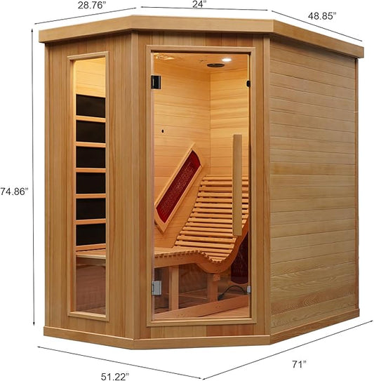 Smartmak Far Infrared Wood Sauna, 1 or 2 Person Full Spectrum Red Light Therapy Luxury Recliner Home Corner Sauna, Indoor Hemlock Dry Spa, 2300W with 8 Heaters, Speakers, Lamp, Oxygen Bar, US Instock