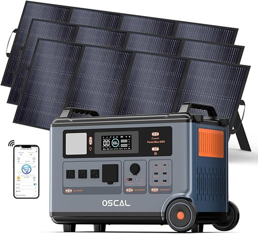OSCAL PowerMax 6000 Solar Generator with 3×400W Solar Panel, 120V/240V Split Phase Voltage 6000W AC Outlets (9000W Peak), 2200W AC Charging/2400W Solar Charging, Emergency for Home, Battery Backup