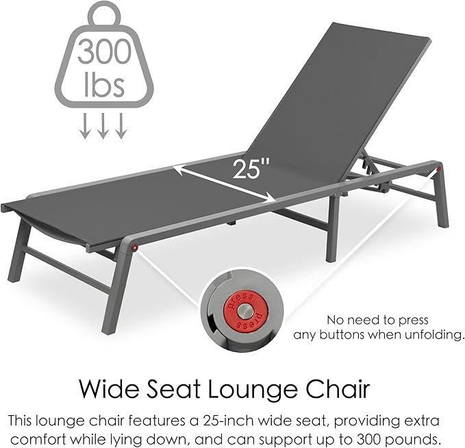 Kozyard Lounge Chair Outdoor Foldable Lounge Chair with 5 Adjustable Backrest Patio Lounger, Assemble-Free, Recliner and Full Flat Chairs for Patio Beach Pool (Gray Textilence W/O Table)